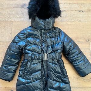 Abercrombie Kids Shiny Black Puffer Jacket with Faux Fur Hood